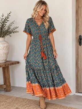Boho Floral Tiered Maxi Dress Prairie Cottagecore Festival Gypsy Teal Orange S